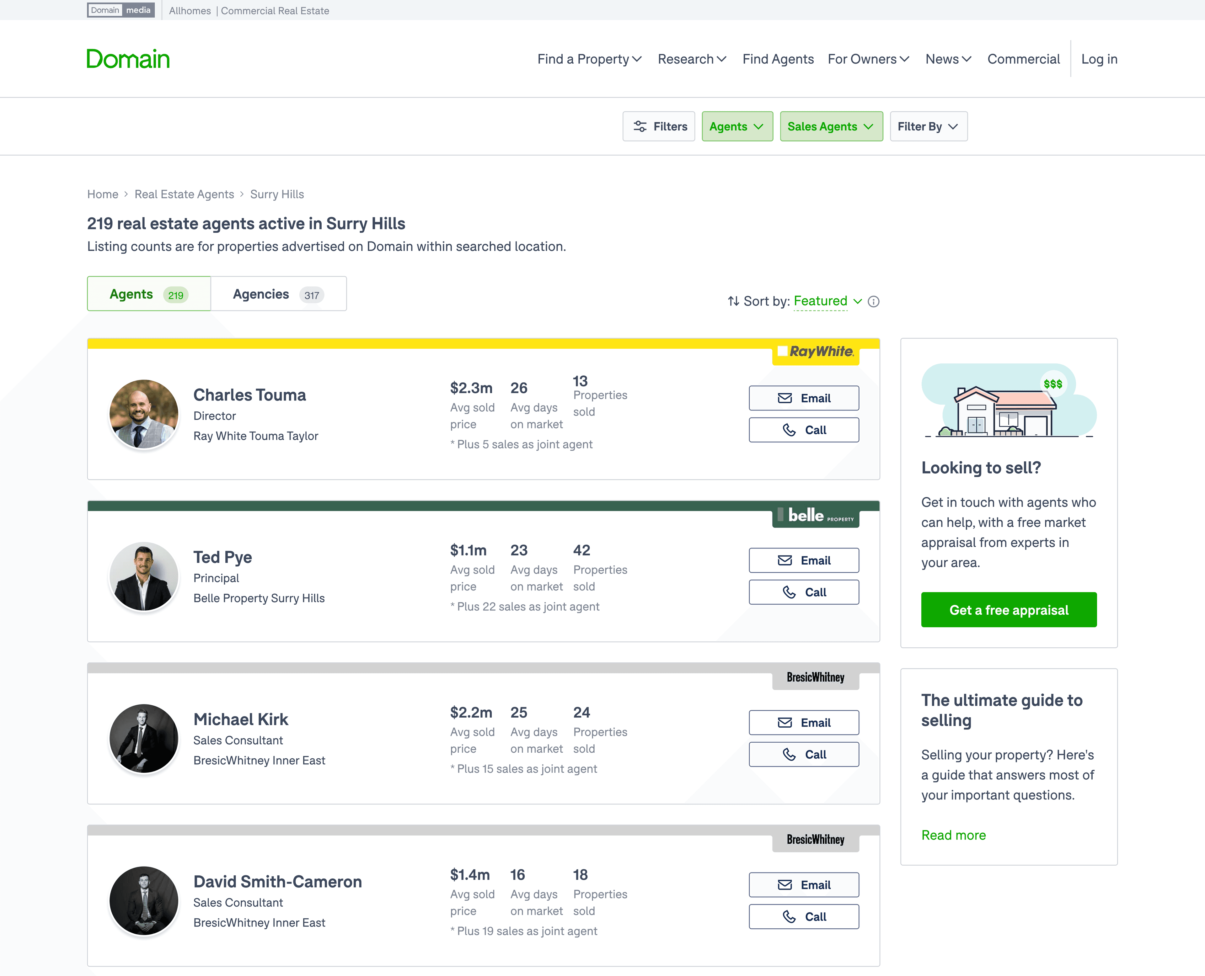 Domain agent search results — before, no star ratings visible