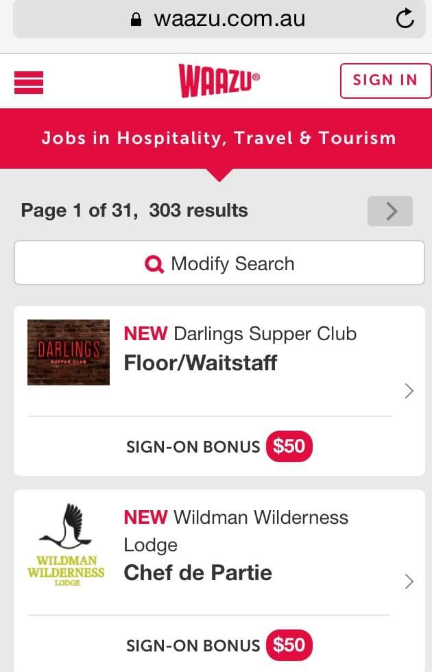 WAAZU mobile job listings — hospitality, travel and tourism