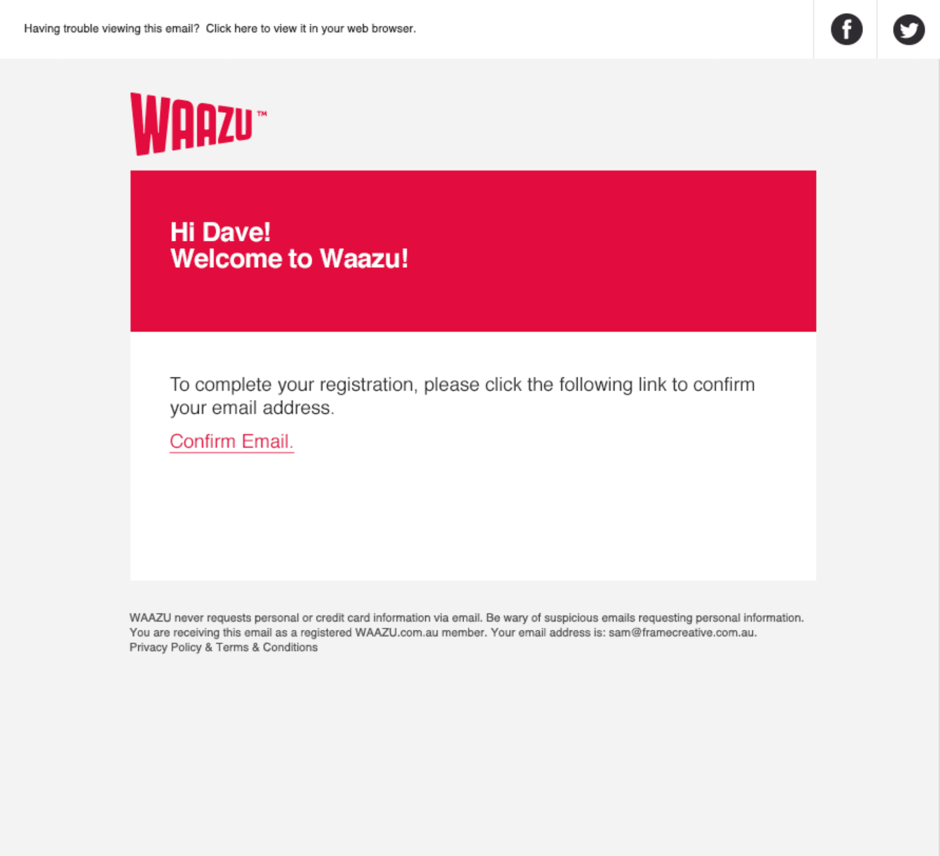 WAAZU welcome email — Hi Dave! Welcome to Waazu!