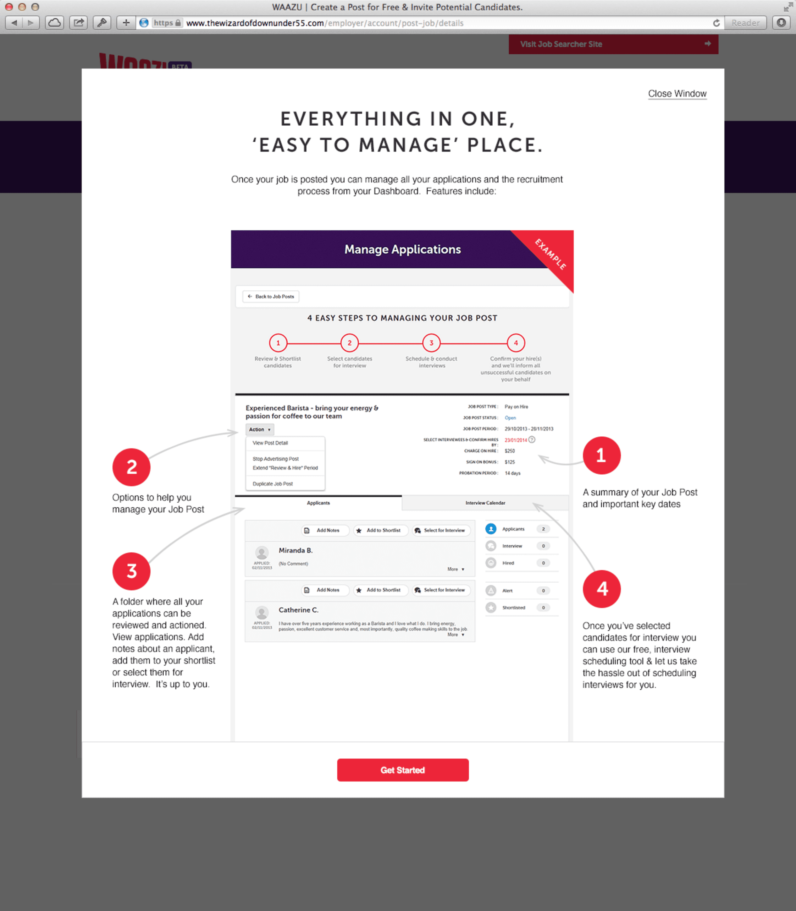 WAAZU manage applications — four-step hiring process